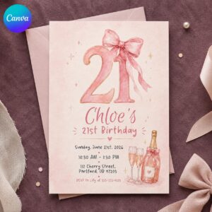 21st Birthday Invitation, Pink Bow Champagne Party Invite, Girly Watercolor Editable Printable Canva Template