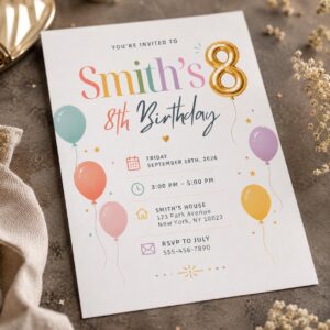 8th Birthday Invitation, Pastel Balloon Party Invite, Colorful Minimal Editable Printable Canva Template