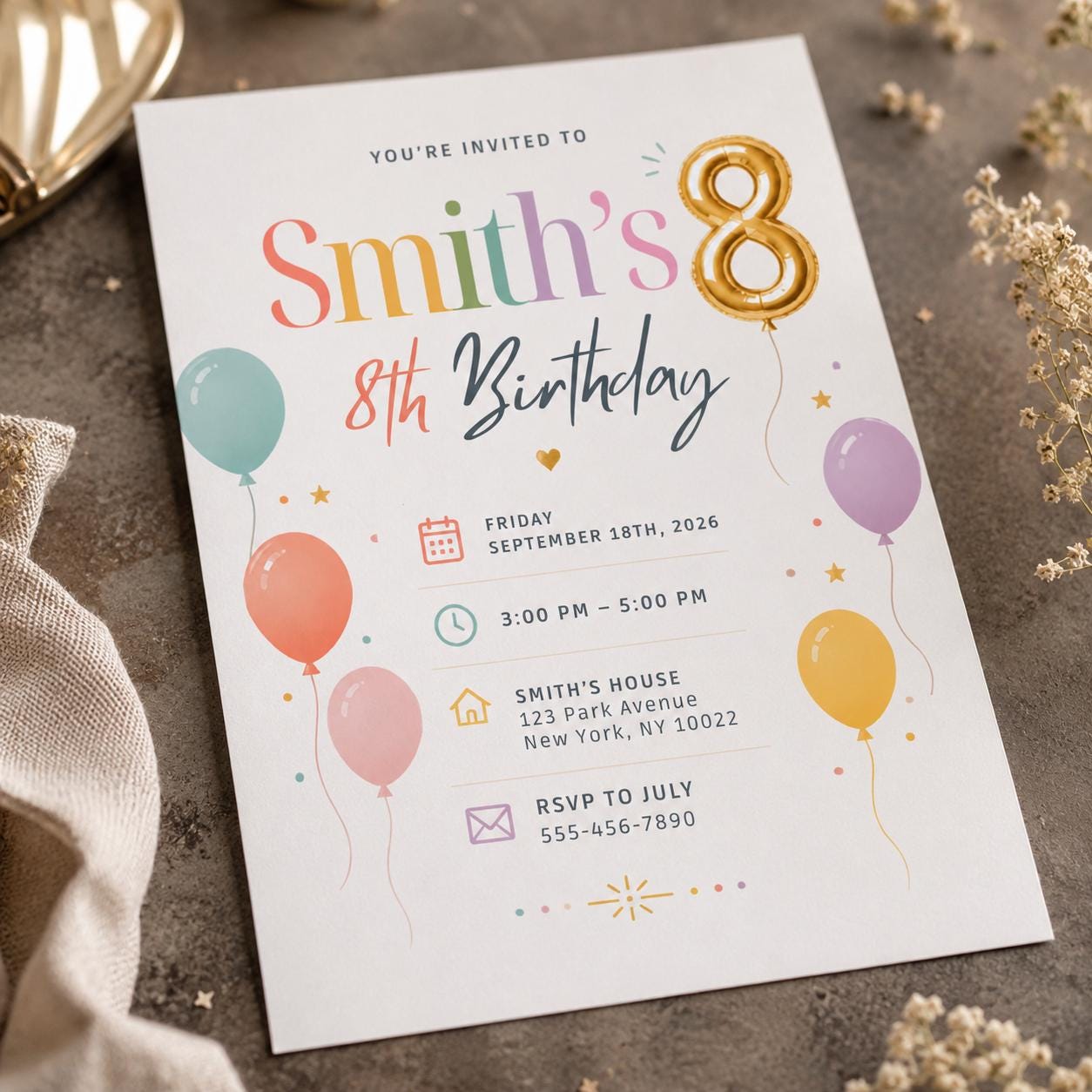 8th Birthday Invitation, Pastel Balloon Party Invite, Colorful Minimal Editable Printable Canva Template