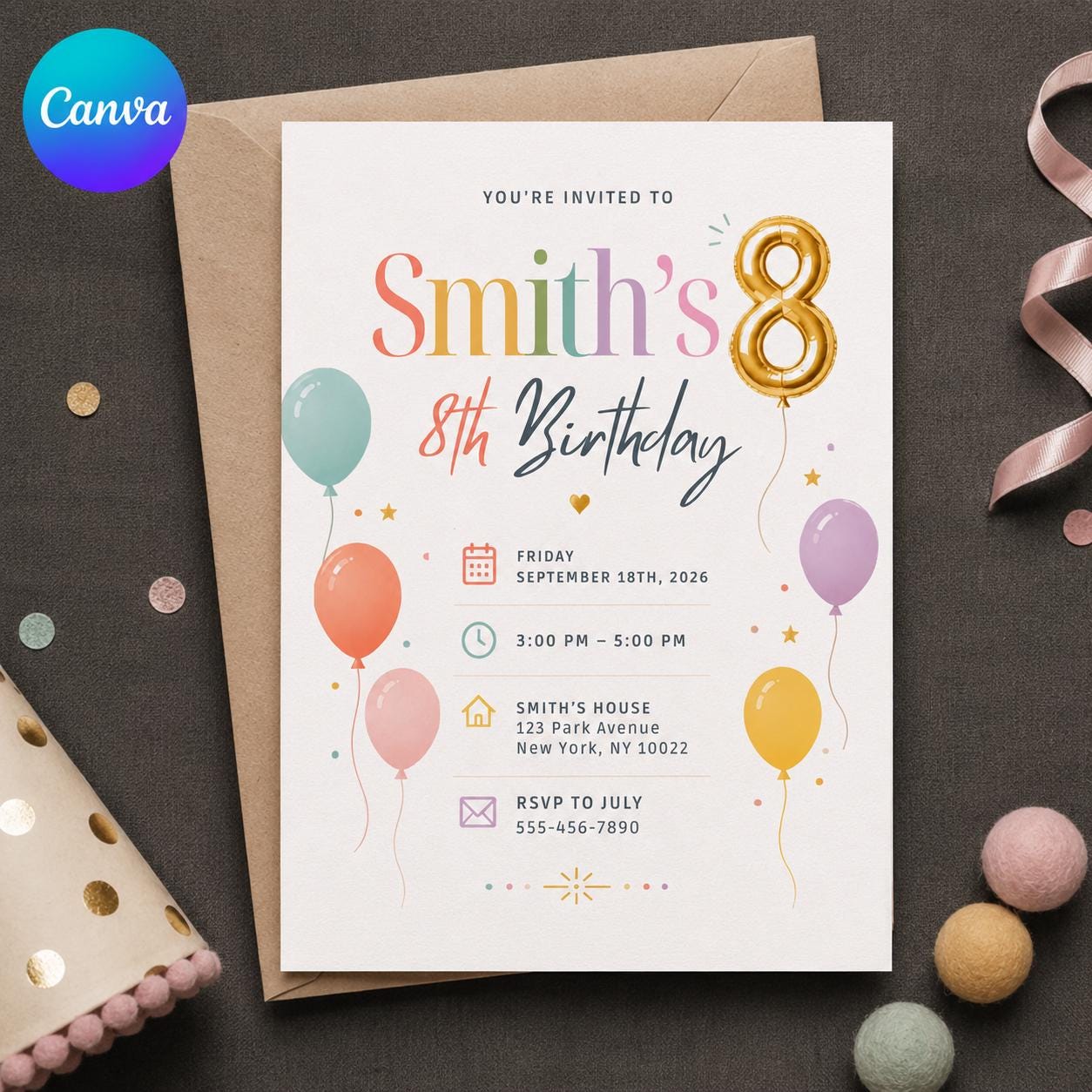 8th Birthday Invitation, Pastel Balloon Party Invite, Colorful Minimal Editable Printable Canva Template - Image 3