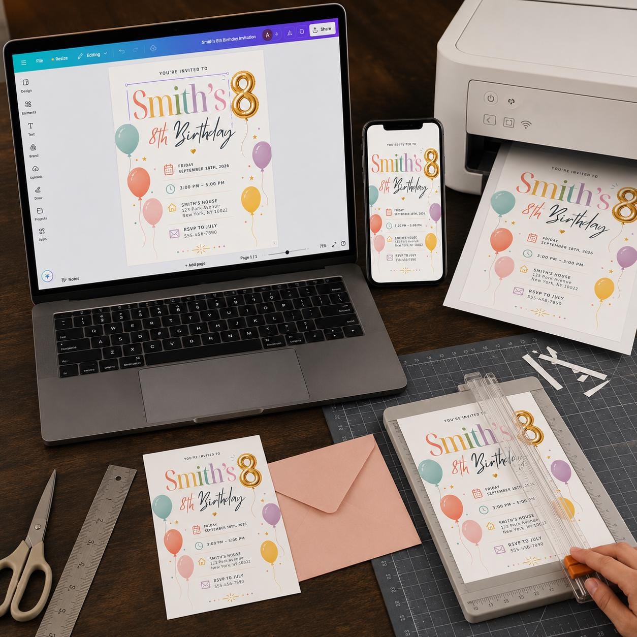 8th Birthday Invitation, Pastel Balloon Party Invite, Colorful Minimal Editable Printable Canva Template - Image 6