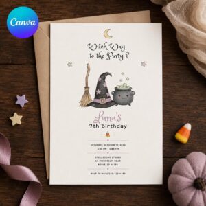 Witch Birthday Invitation Girl, Cute Halloween 7th Party Invite, Minimal Watercolor Editable Printable Canva Template