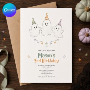 Ghost Birthday Invitation, Little Boo Crew 3rd Halloween Party Invite, Cute Watercolor Editable Printable Canva Template