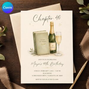 40th Birthday Invitation, Champagne Chapter 40 Party Invite for Women, Elegant Watercolor Editable Printable Canva Template