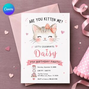 Kitten Birthday Invitation Girl, Are You Kitten Me Pink Cat 7th Party Invite, Watercolor Editable Printable Canva Template