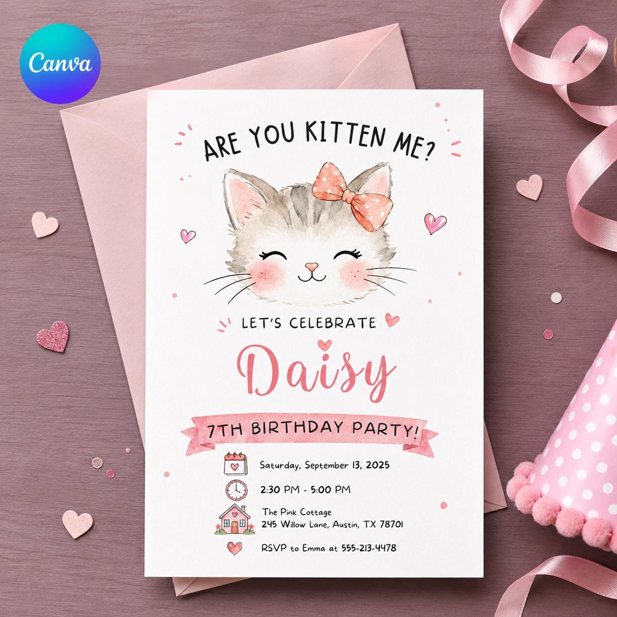 Kitten Birthday Invitation Girl, Are You Kitten Me Pink Cat 7th Party Invite, Watercolor Editable Printable Canva Template