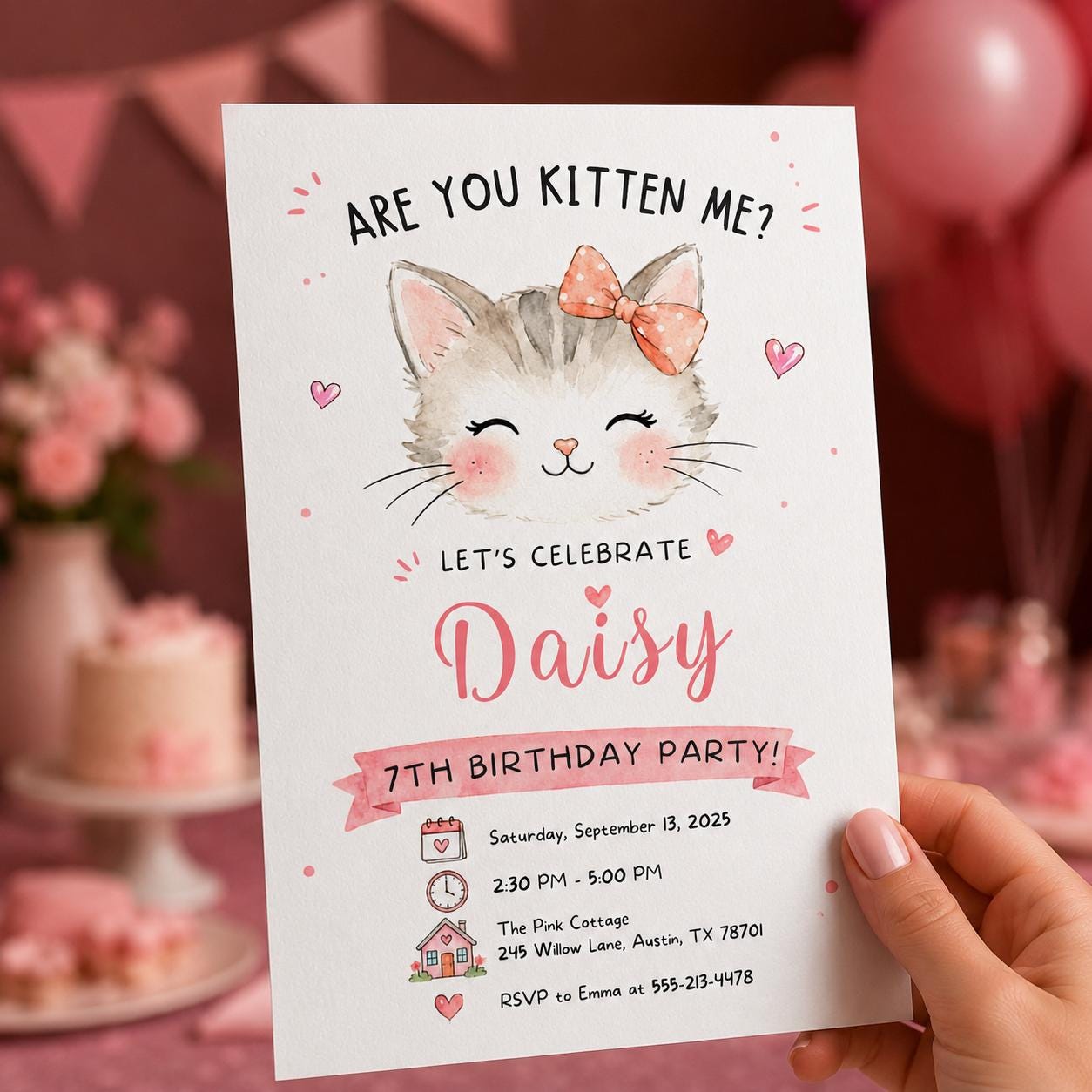 Kitten Birthday Invitation Girl, Are You Kitten Me Pink Cat 7th Party Invite, Watercolor Editable Printable Canva Template - Image 4