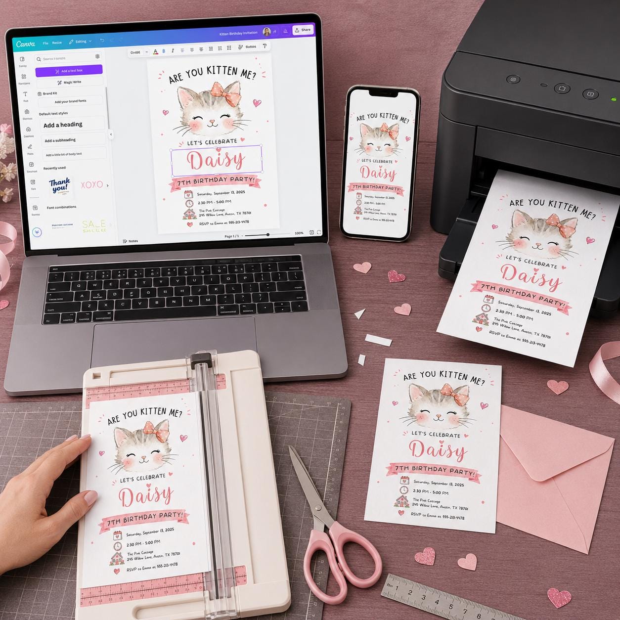 Kitten Birthday Invitation Girl, Are You Kitten Me Pink Cat 7th Party Invite, Watercolor Editable Printable Canva Template - Image 5