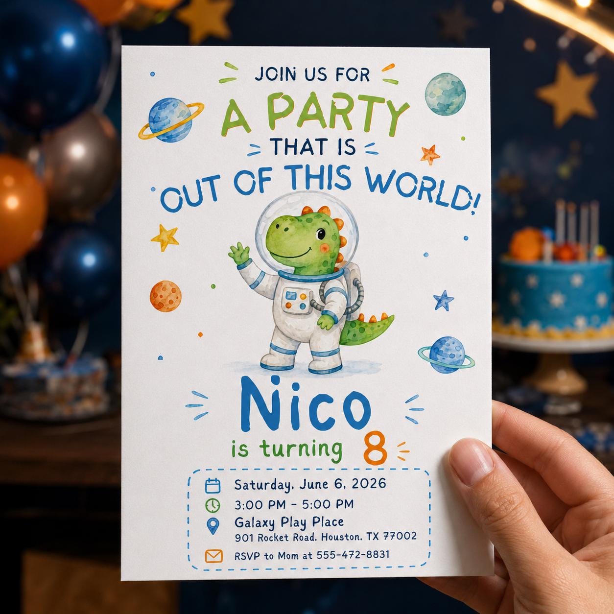 Space Dinosaur Birthday Invitation, Astronaut Dino 8th Birthday Party Invite, Out of This World Editable Printable Canva Template - Image 4