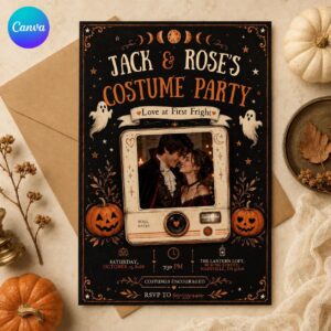 Halloween Costume Party Invitation, Couples Photo Invite, Retro Vintage Love at First Fright Adult Party, Editable Canva Template