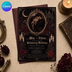 Gothic Wedding Invitation, Halloween Dark Romance Photo Invite, Black Red Floral Victorian Ceremony, Editable Printable Canva Template