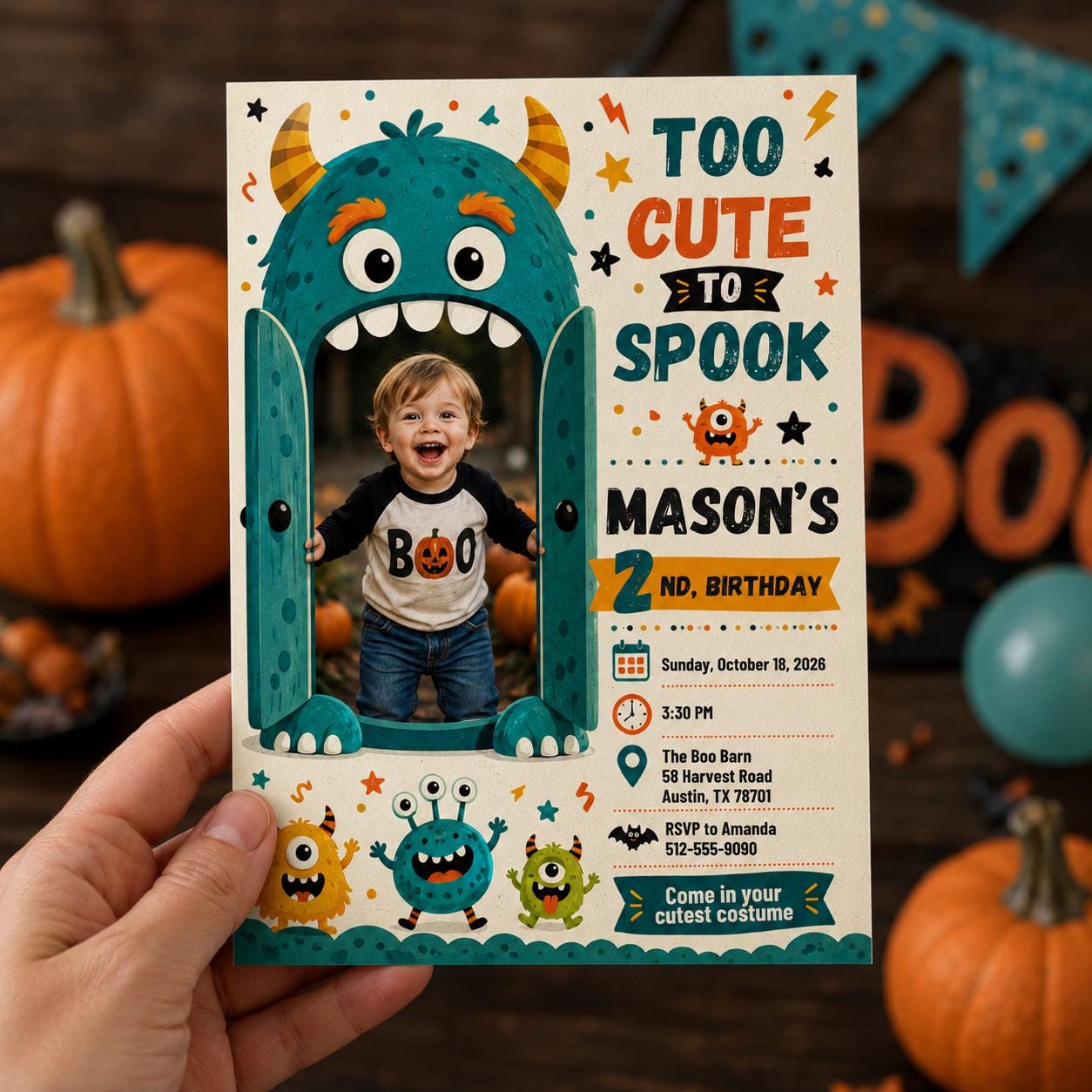 Halloween Birthday Invitation, Too Cute to Spook Monster 2nd Birthday Photo Invite, Kids Costume Party Editable Canva Template - Image 4