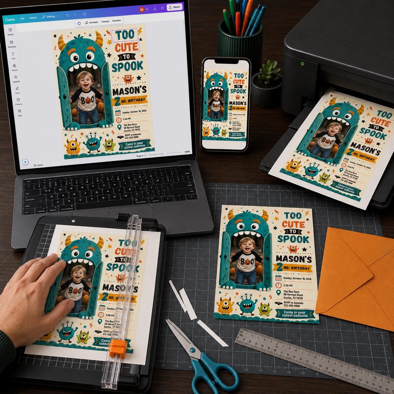 Halloween Birthday Invitation, Too Cute to Spook Monster 2nd Birthday Photo Invite, Kids Costume Party Editable Canva Template - Image 5