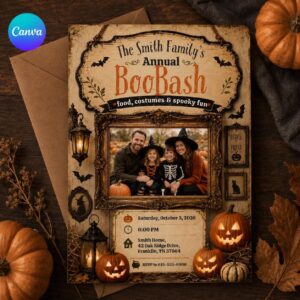 Family Halloween Party Invitation, Vintage Pumpkin Photo Invite, Costume Party Boo Bash Editable Canva Template