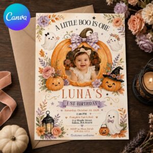 Little Boo First Birthday Invitation, Girl Halloween Birthday Photo Invite, Cute Ghost Pumpkin Party Editable Canva Template