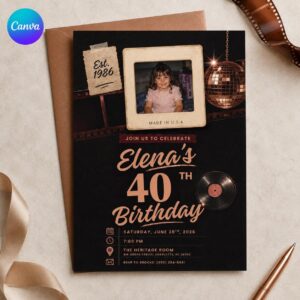 40th Birthday Photo Invitation, Vintage 1986 Polaroid Film Party Invite for Her, Retro Disco Milestone Editable Canva Template