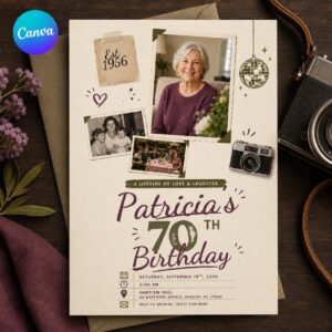 70th Birthday Photo Invitation, Vintage Scrapbook Collage Invite for Her, Born in 1956 Milestone Party Editable Canva Template