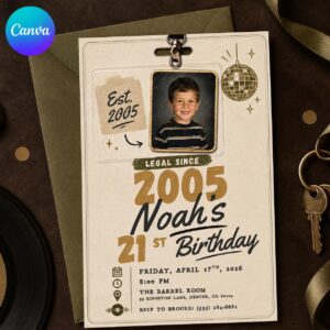 21st Birthday Photo Invitation, Retro ID Badge Party Invite for Him, Legal Since 2005 Milestone Editable Canva Template