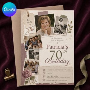 70th Birthday Photo Invitation, Vintage Life Story Collage Invite, Milestone Birthday Party Editable Canva Template