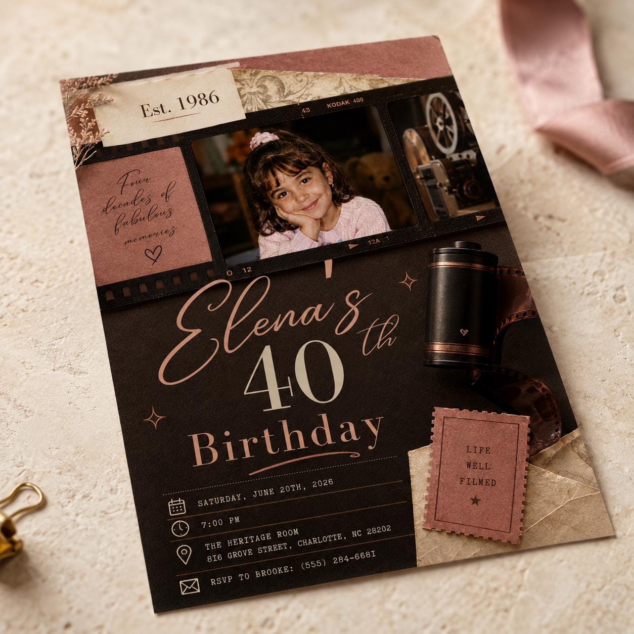 40th Birthday Photo Invitation, Vintage Film Camera Party Invite, Retro 1986 Milestone Birthday Editable Canva Template - Image 3