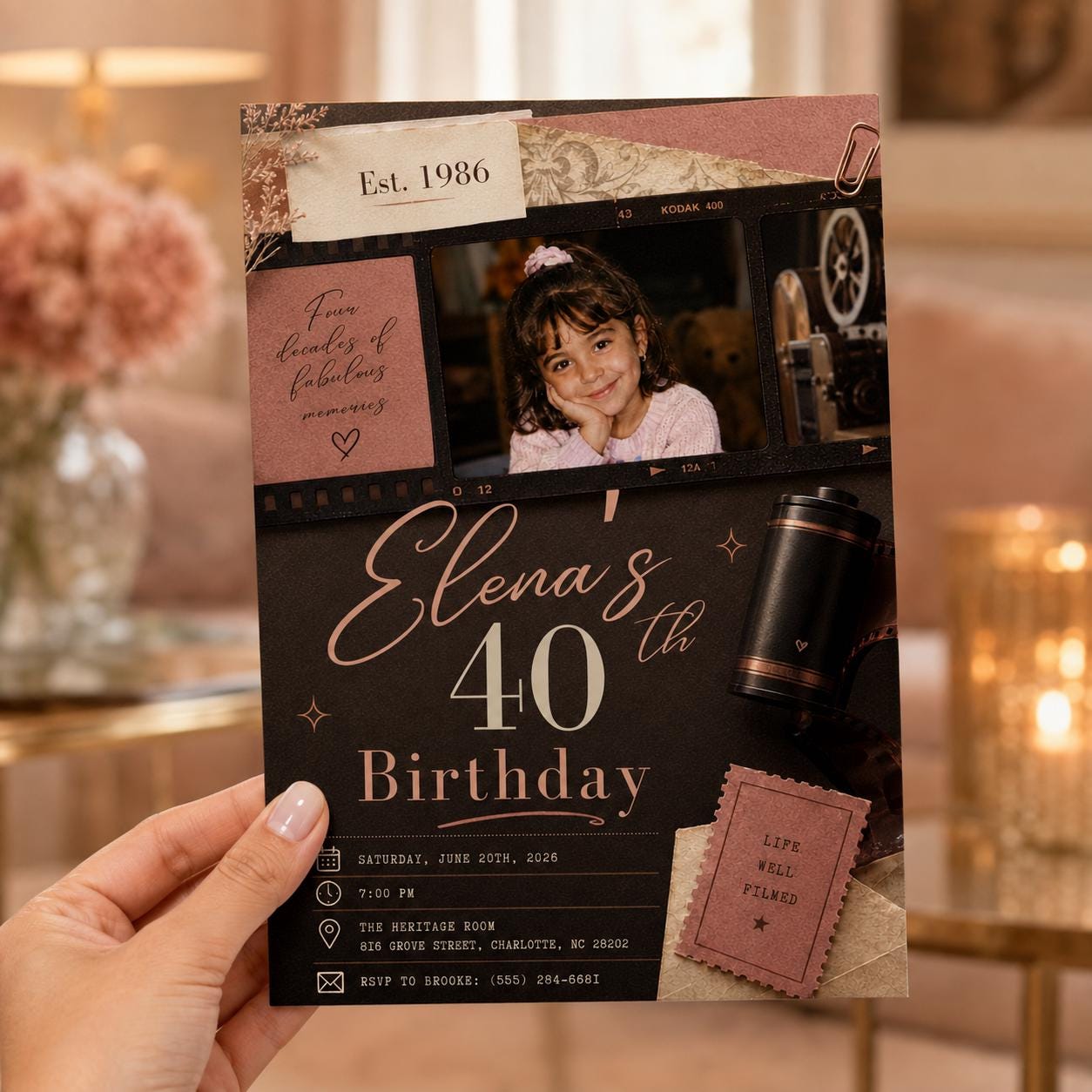 40th Birthday Photo Invitation, Vintage Film Camera Party Invite, Retro 1986 Milestone Birthday Editable Canva Template - Image 4