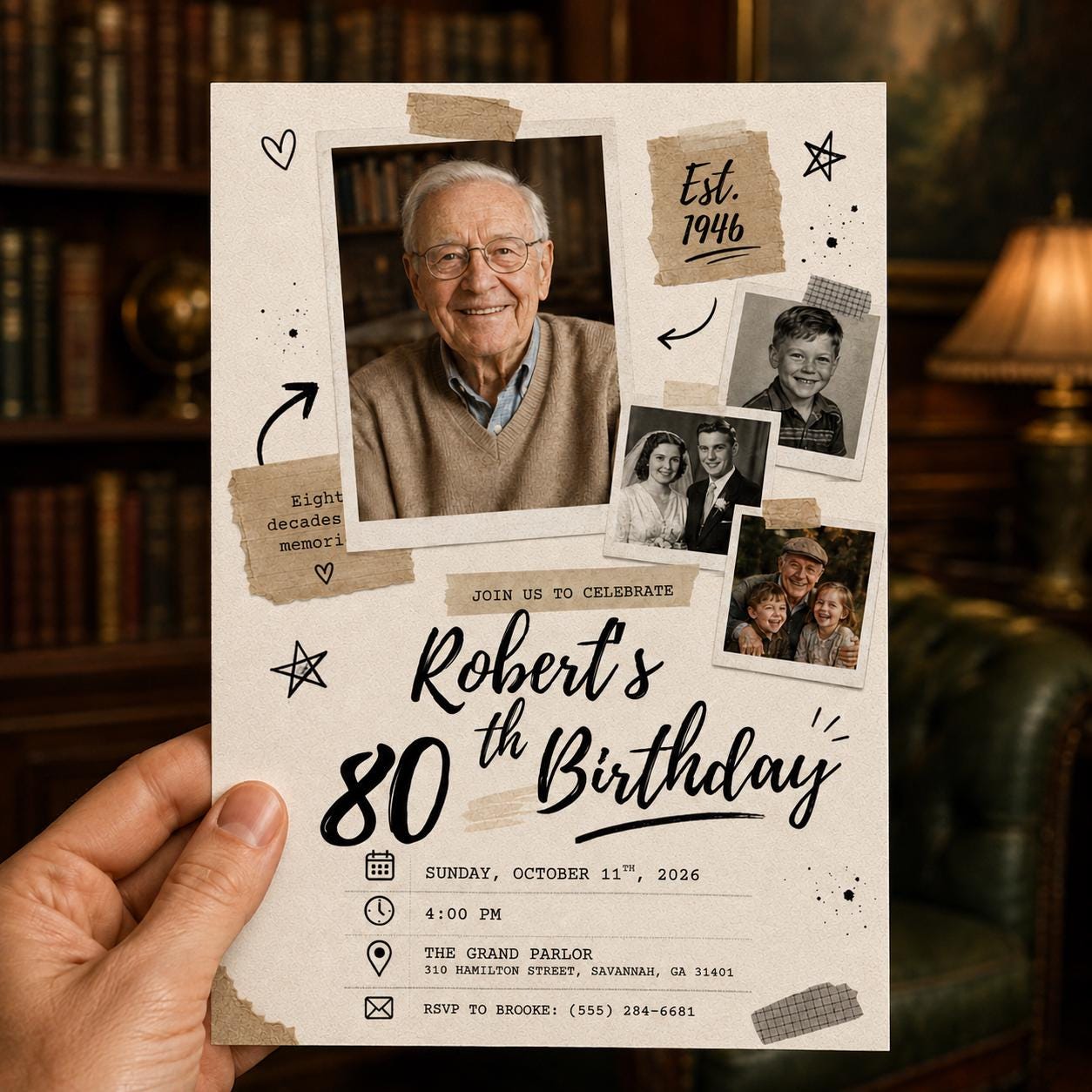 80th Birthday Photo Invitation, Vintage Scrapbook Collage Invite for Him, Born in 1946 Milestone Editable Canva Template - Image 5