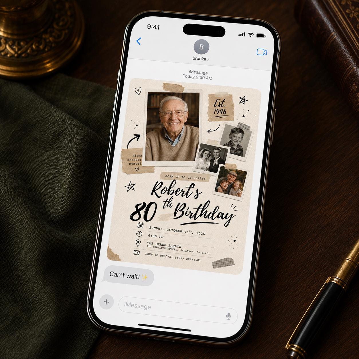 80th Birthday Photo Invitation, Vintage Scrapbook Collage Invite for Him, Born in 1946 Milestone Editable Canva Template - Image 6