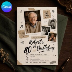 80th Birthday Photo Invitation, Vintage Scrapbook Collage Invite for Him, Born in 1946 Milestone Editable Canva Template