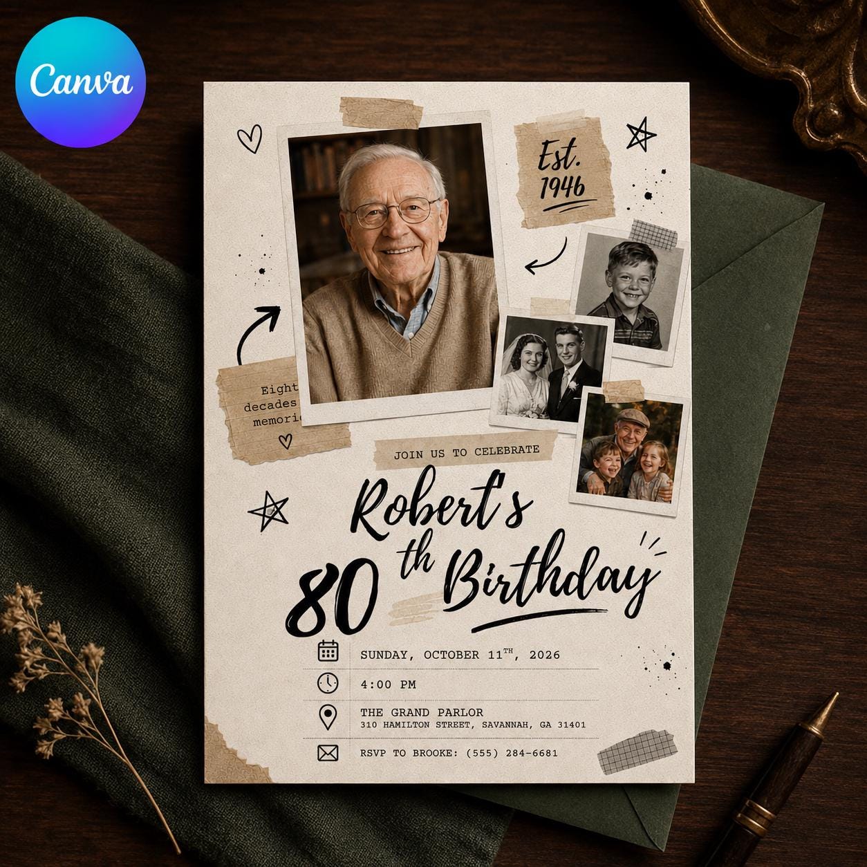 80th Birthday Photo Invitation, Vintage Scrapbook Collage Invite for Him, Born in 1946 Milestone Editable Canva Template