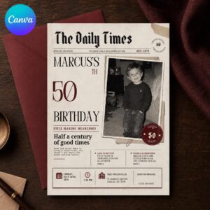 50th Birthday Newspaper Invitation, Vintage Photo Invite for Him, Born in 1976 Milestone Party Editable Canva Template