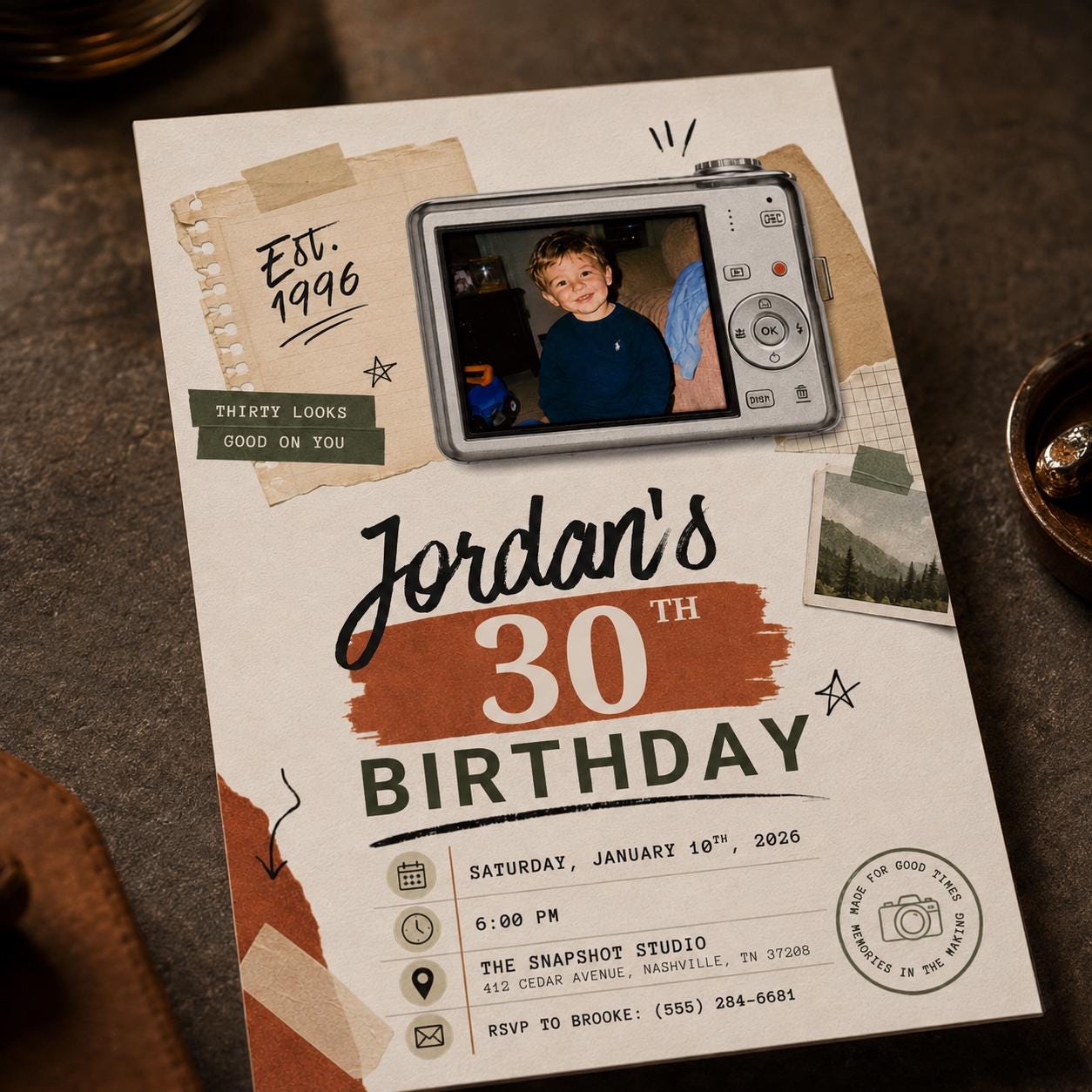 30th Birthday Photo Invitation, Retro Digital Camera Invite, Born in 1996 Milestone Party Editable Canva Template - Image 3