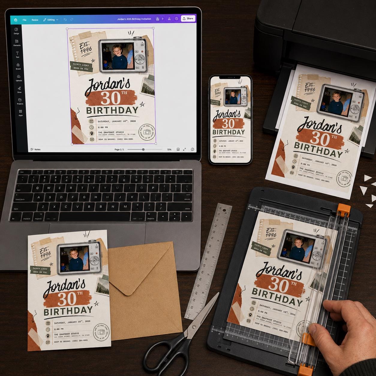 30th Birthday Photo Invitation, Retro Digital Camera Invite, Born in 1996 Milestone Party Editable Canva Template - Image 4