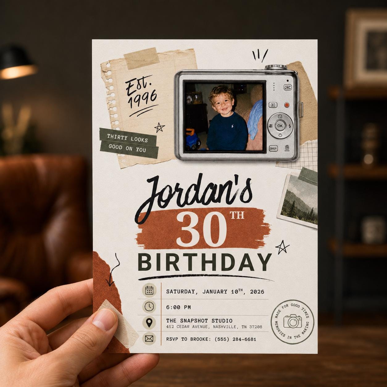 30th Birthday Photo Invitation, Retro Digital Camera Invite, Born in 1996 Milestone Party Editable Canva Template - Image 6