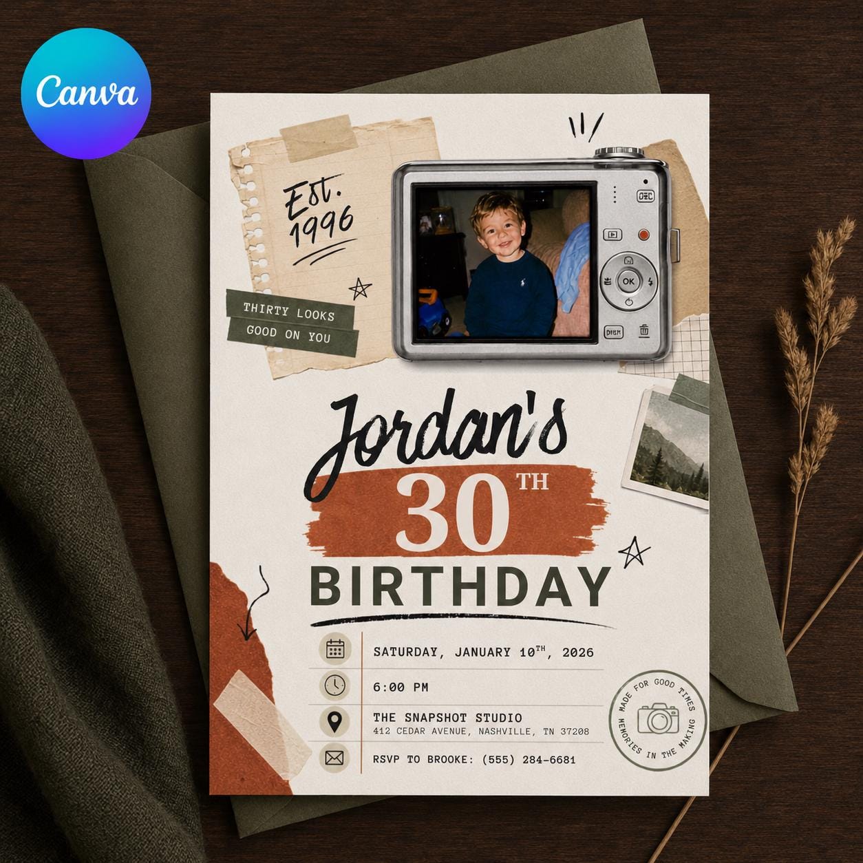 30th Birthday Photo Invitation, Retro Digital Camera Invite, Born in 1996 Milestone Party Editable Canva Template