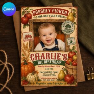 1st Birthday Apple Orchard Invitation, Fall Farm Photo Invite, First Birthday Boy Party Editable Canva Template