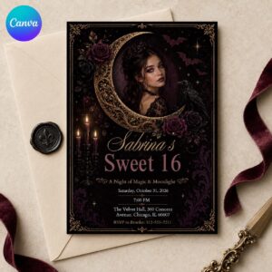 Sweet 16 Birthday Invitation, Gothic Moon Dark Floral Photo Invite, Halloween Teen Party Editable Canva Template