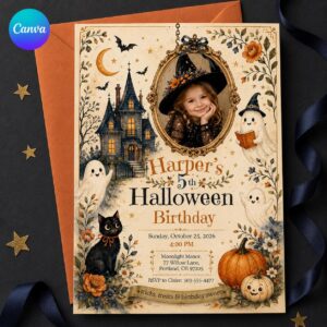 Halloween Birthday Invitation, Cute Witch Ghost 5th Birthday Party Invite, Spooky Girl Editable Canva Template