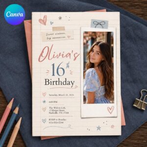 Sweet 16 Photo Invitation, Scrapbook Notebook Birthday Invite for Teen Girl, Soft Pink Blue Editable Canva Template