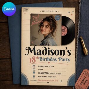 18th Birthday Photo Invitation, Retro Vinyl Record Music Party Invite for Her, Vintage Editable Canva Template