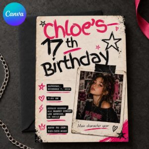 17th Birthday Photo Invitation, Pink Black Grunge Teen Party Invite, Y2K Scrapbook Editable Canva Template