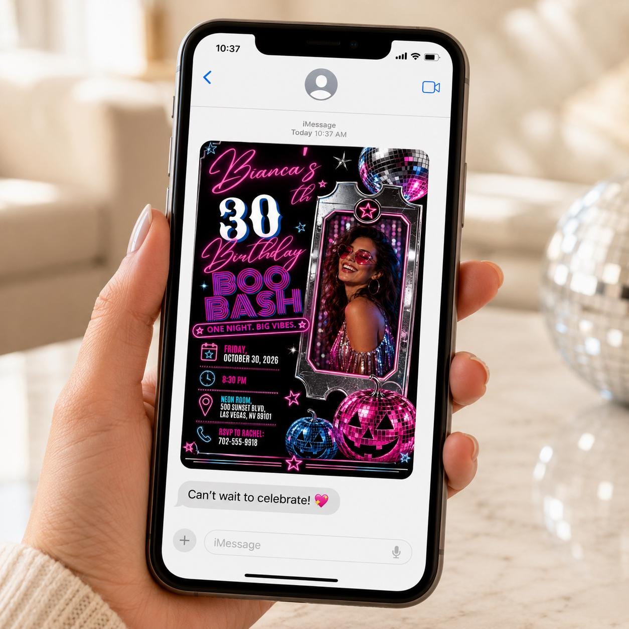 30th Birthday Invitation, Neon Halloween Boo Bash Photo Invite, Disco Ball Costume Party, Editable Printable Canva Template - Image 3