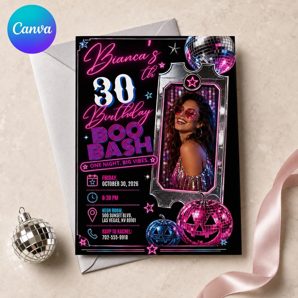 30th Birthday Invitation, Neon Halloween Boo Bash Photo Invite, Disco Ball Costume Party, Editable Printable Canva Template