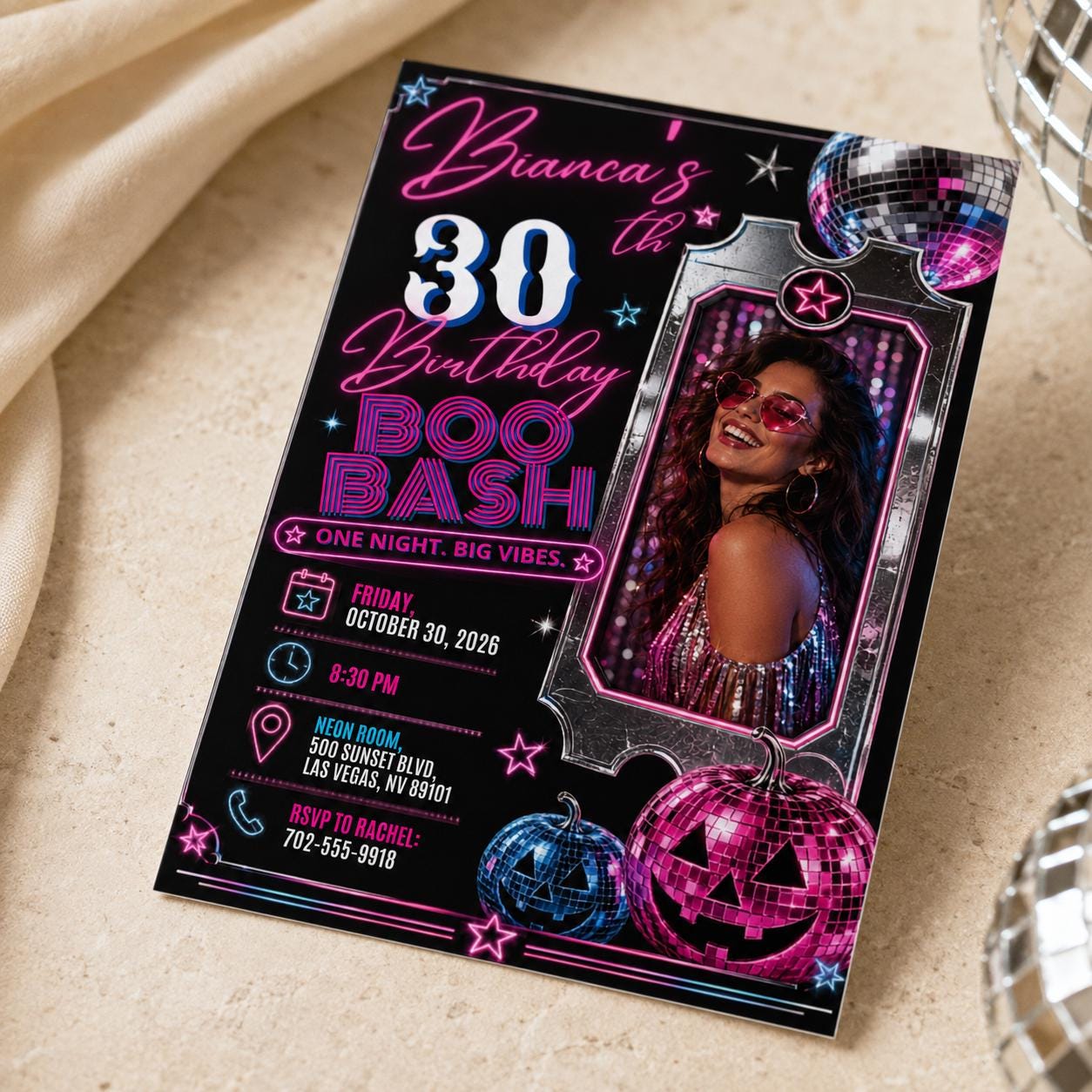 30th Birthday Invitation, Neon Halloween Boo Bash Photo Invite, Disco Ball Costume Party, Editable Printable Canva Template - Image 4