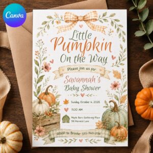 Little Pumpkin Baby Shower Invitation, Fall Neutral Pumpkin Invite, Watercolor Editable Printable Canva Template