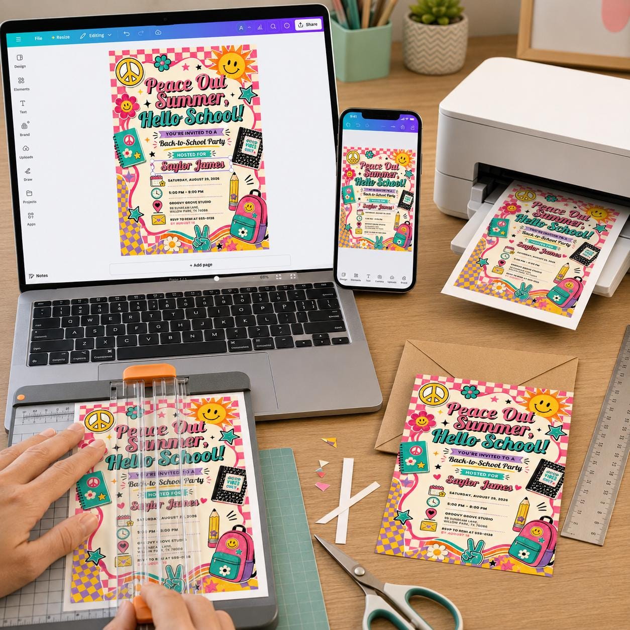 Back to School Party Invitation, Retro Groovy End of Summer School Bash Invite, Editable Printable Canva Template - Image 3