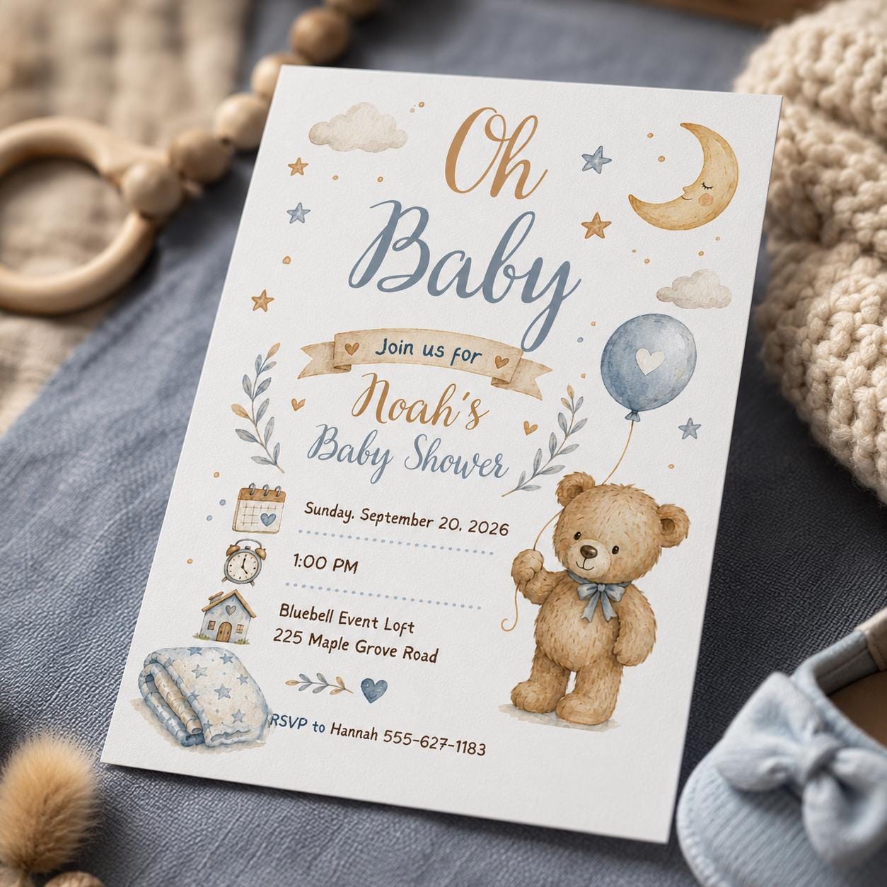 Teddy Bear Baby Shower Invitation, Baby Boy Moon and Stars Invite, Blue Watercolor Editable Printable Canva Template - Image 3