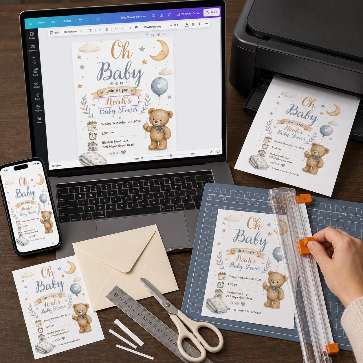 Teddy Bear Baby Shower Invitation, Baby Boy Moon and Stars Invite, Blue Watercolor Editable Printable Canva Template - Image 5