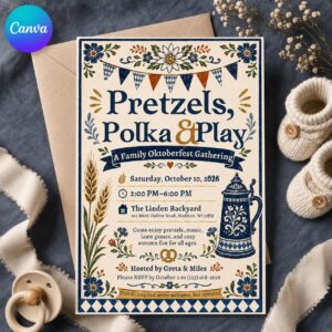 Oktoberfest Invitation, Family Beer and Pretzel Party Invite, Vintage Bavarian Fall Gathering Editable Printable Canva Template