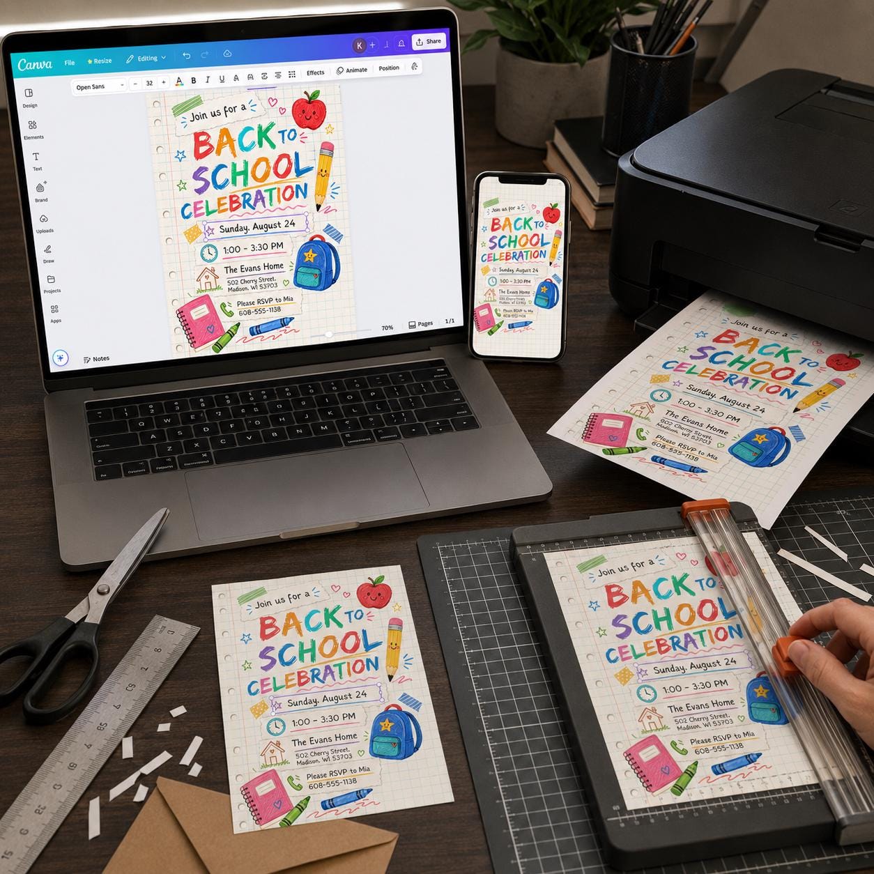 Back to School Party Invitation, Colorful School Supplies Celebration Invite, Editable Printable Canva Template - Image 5