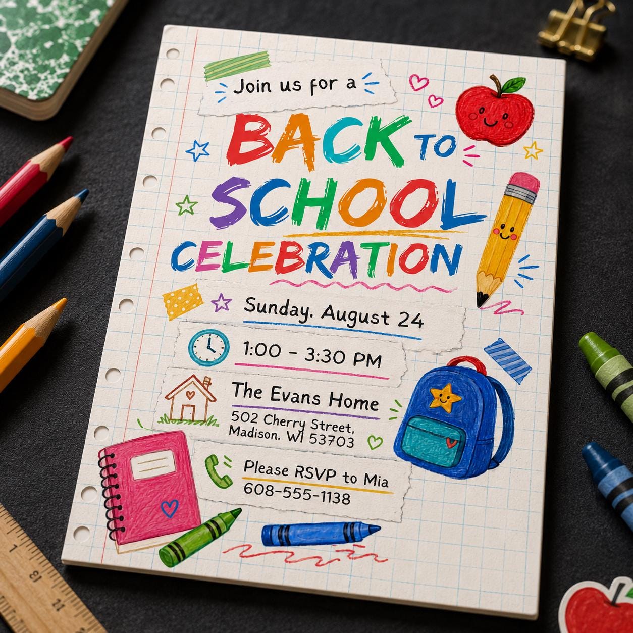 Back to School Party Invitation, Colorful School Supplies Celebration Invite, Editable Printable Canva Template - Image 6